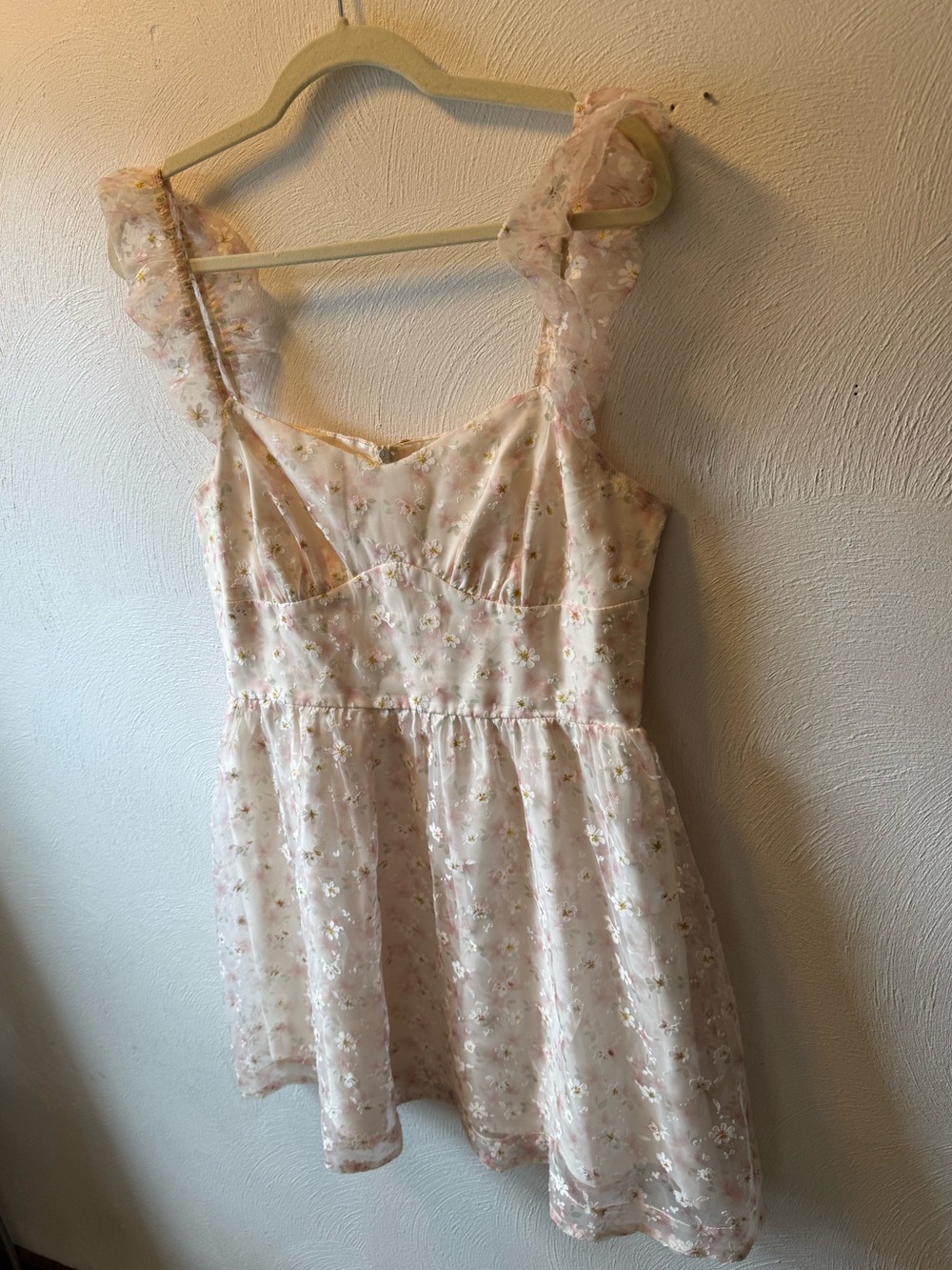 Kestan Floral Babydoll Mini Dress L Sheer Ruffle Straps Cottagecore Coquette - Picture 3 of 9